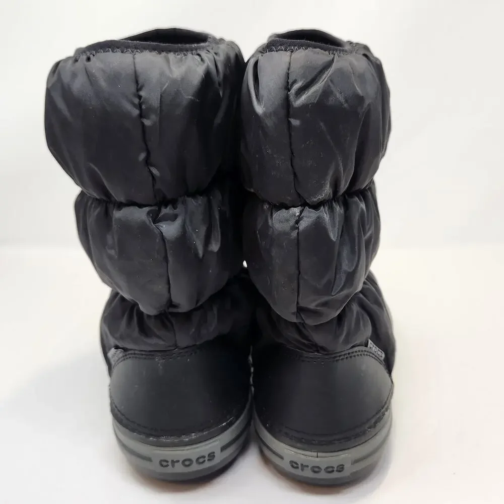 Crocs Black Gray Winter Puff Boots Women Size 8 Mid Calf Insulated Pull On